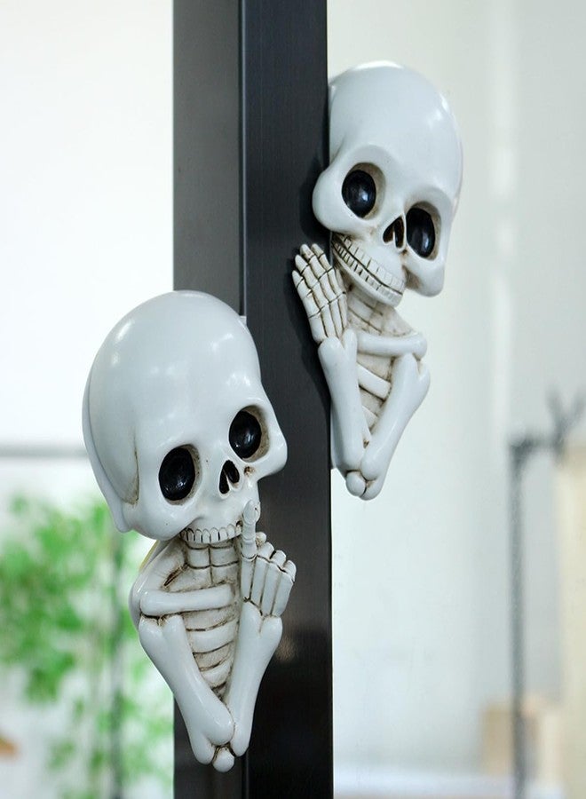 JARPSIRY Set of 2 Funny Keep Quiet Skeleton Statue Window Peeker Door Corner Decor, Horror Resin Skull Figurines Gothic Wall Sculpture Spooky Home Halloween Decorations - Image 5